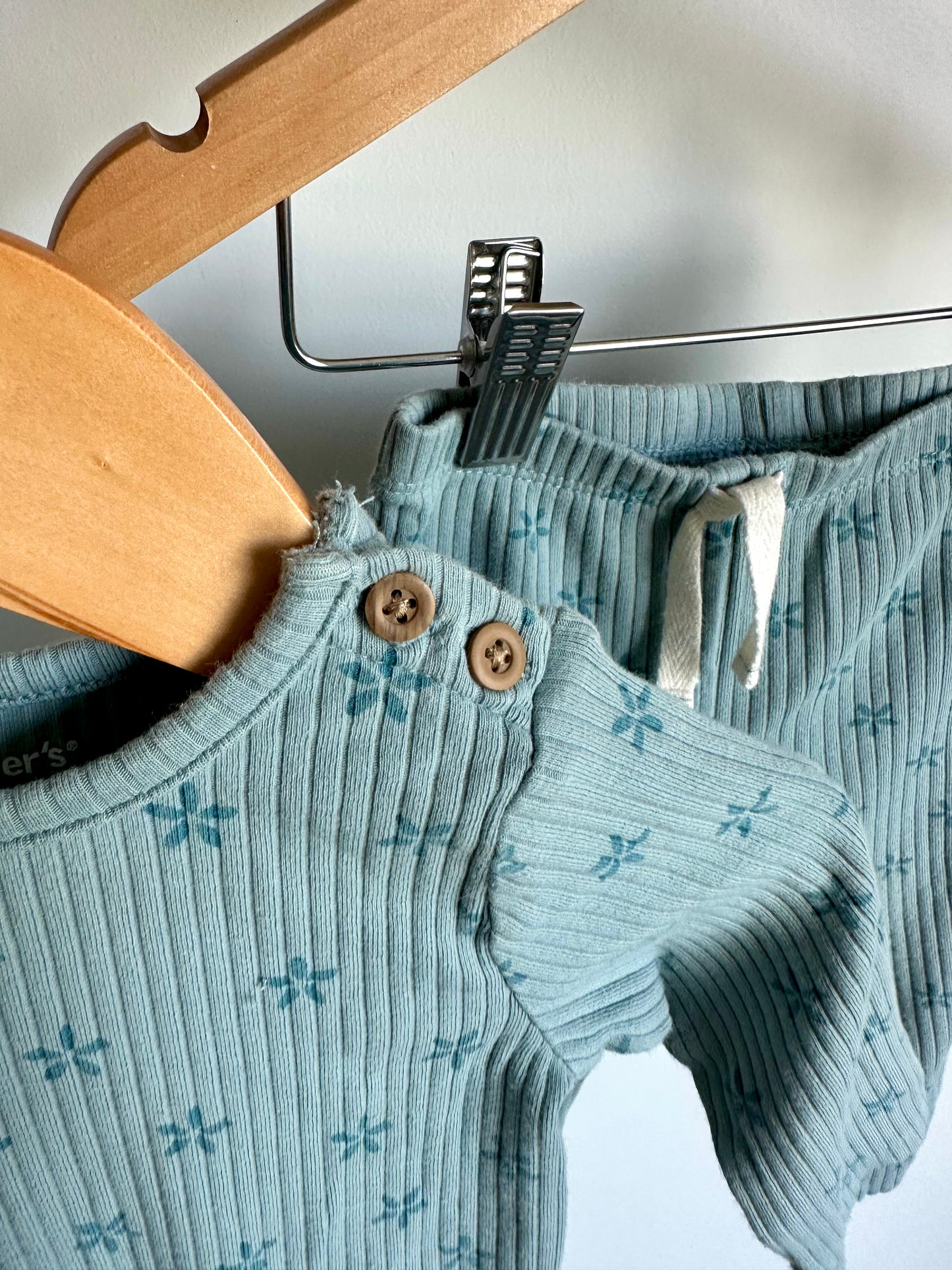 Teal Floral Ribbed Bodysuit + Pants Set / 9m