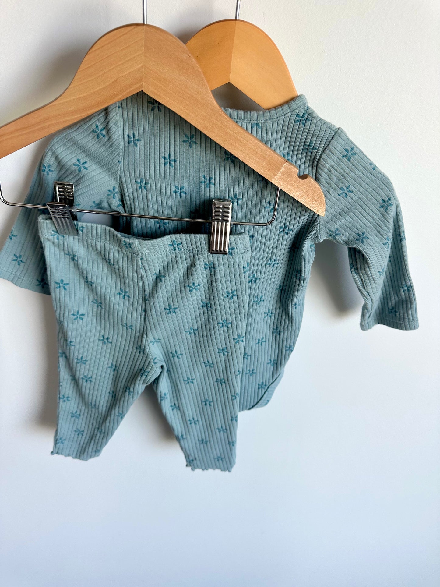 Teal Floral Ribbed Bodysuit + Pants Set / 9m