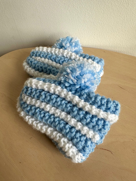 Handmade Knit Blue + White Slippers / 6-12m?