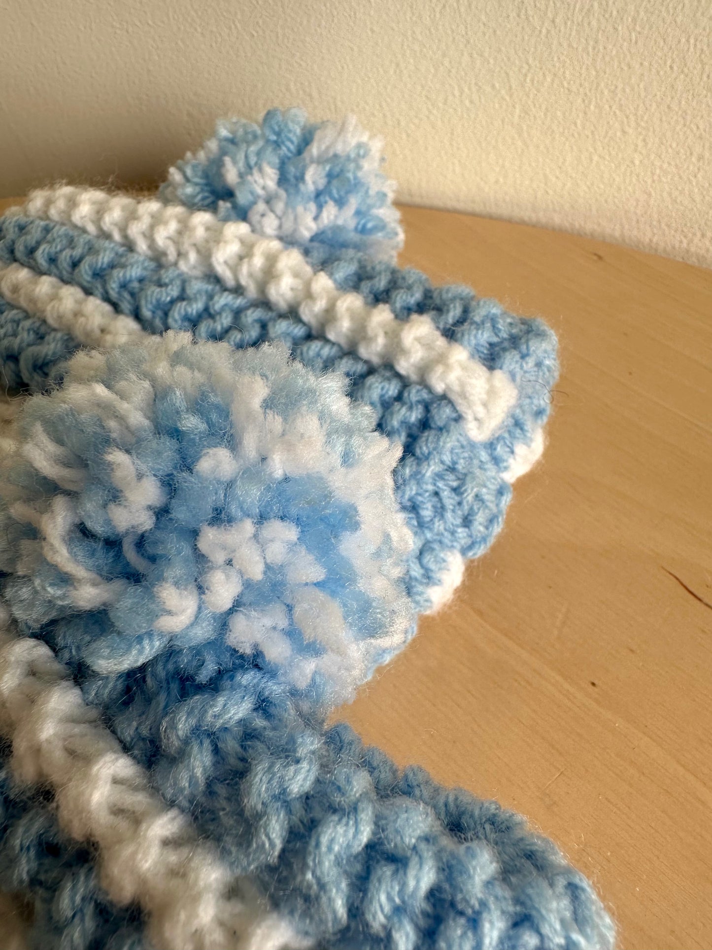 Handmade Knit Blue + White Slippers / 6-12m?