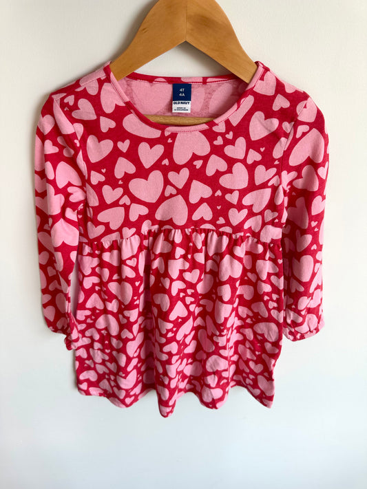 Heart Print Long Sleeve Dress / 4T