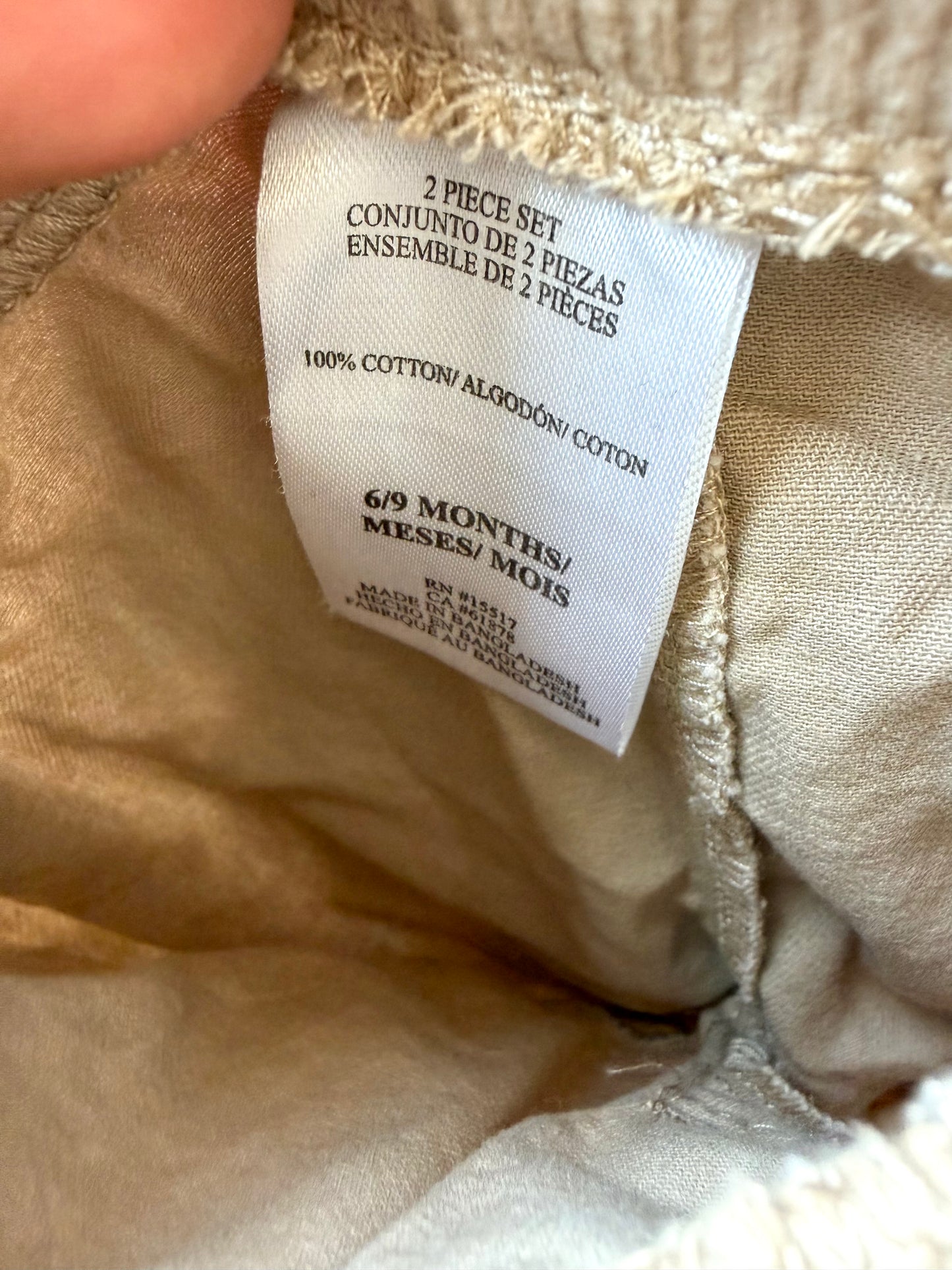 100% Cotton Tan Tapered Pants / 6-9m