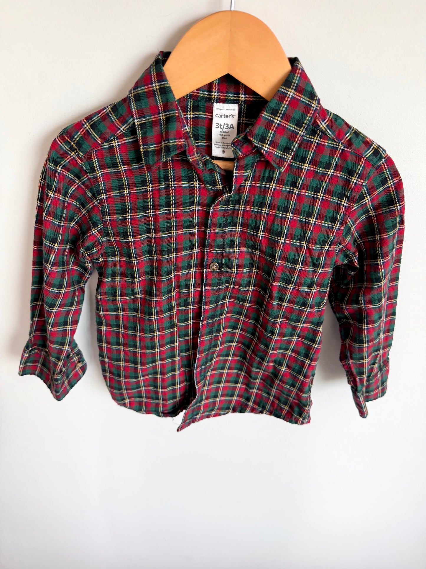 Green + Red Plaid Long Sleeve Dress Shirt / 3T