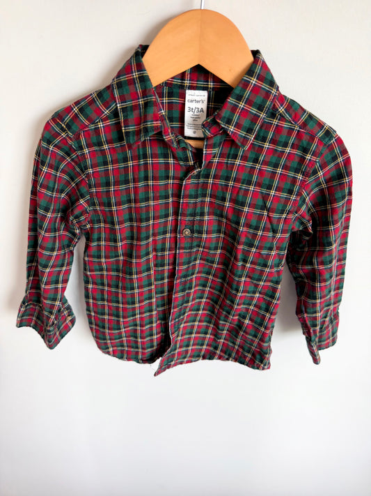 Green + Red Plaid Long Sleeve Dress Shirt / 3T