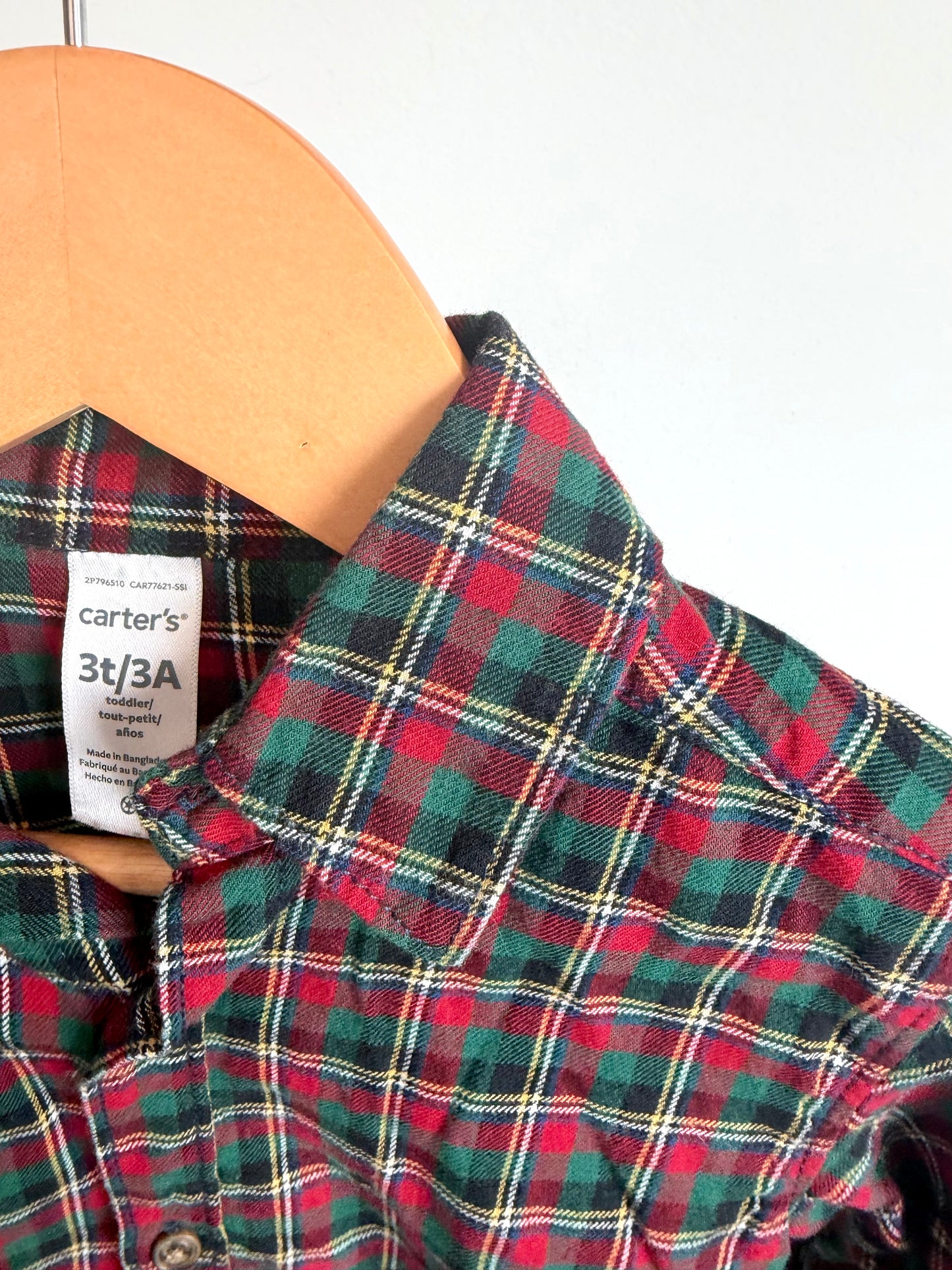Green + Red Plaid Long Sleeve Dress Shirt / 3T