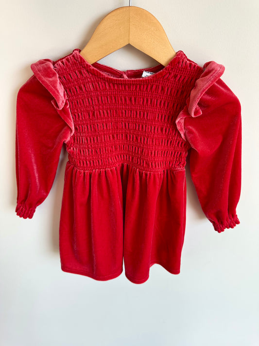 Red Velour Ruffle Dress / 6-12m