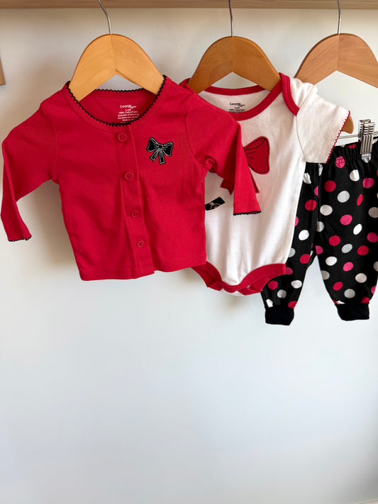 Three Piece Bow Bodysuit, Cardigan + Pants Set (With Tags)/ 3-6m