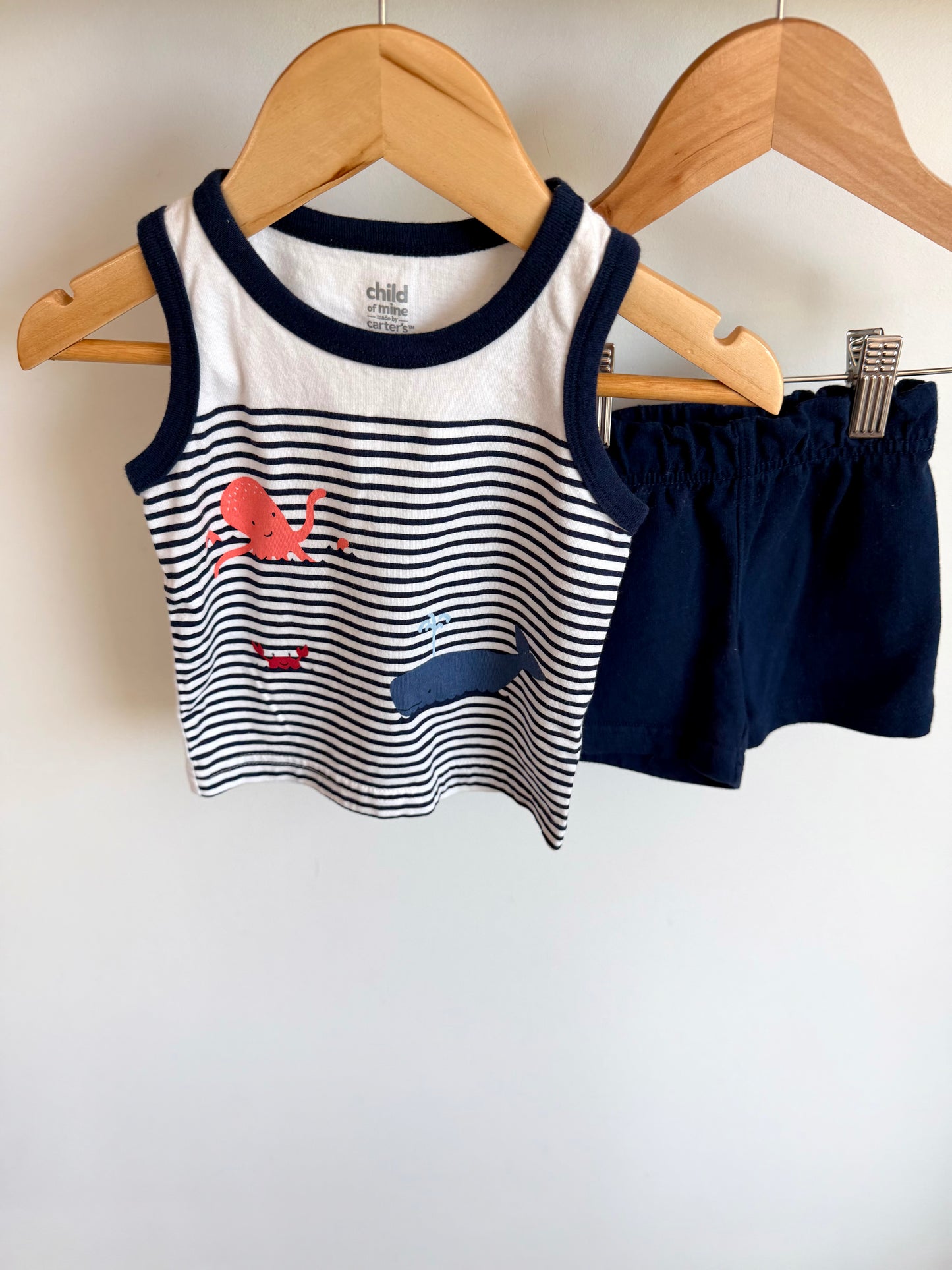 Striped Sea Creatures Tank + Navy Shorts Set / 6-9m