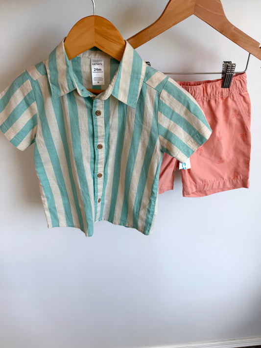 Teal Striped Dress Shirt +  Coral Shorts Set (With Tags) / 24m