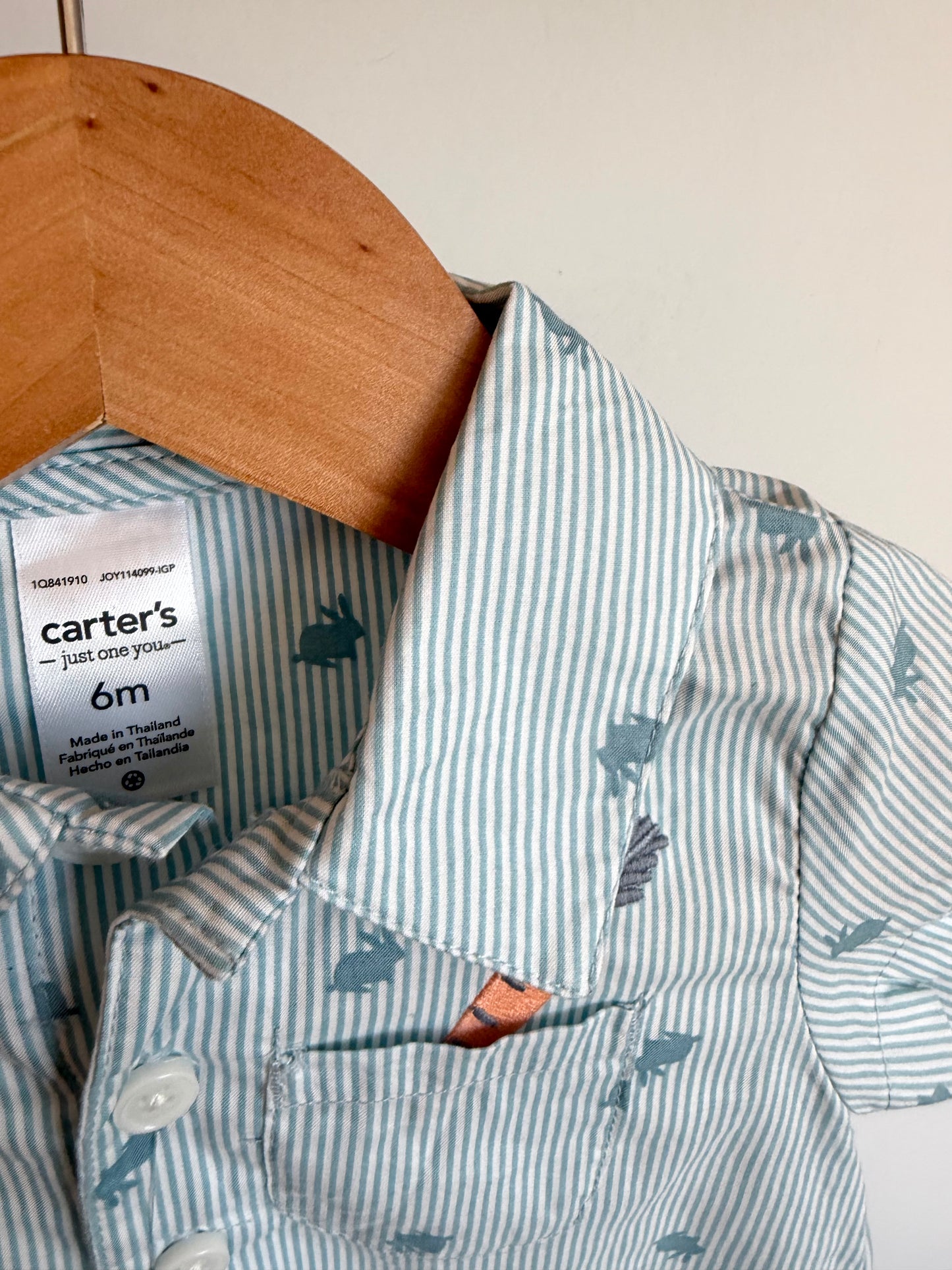 Blue Striped Carrot Pocket Romper / 6m