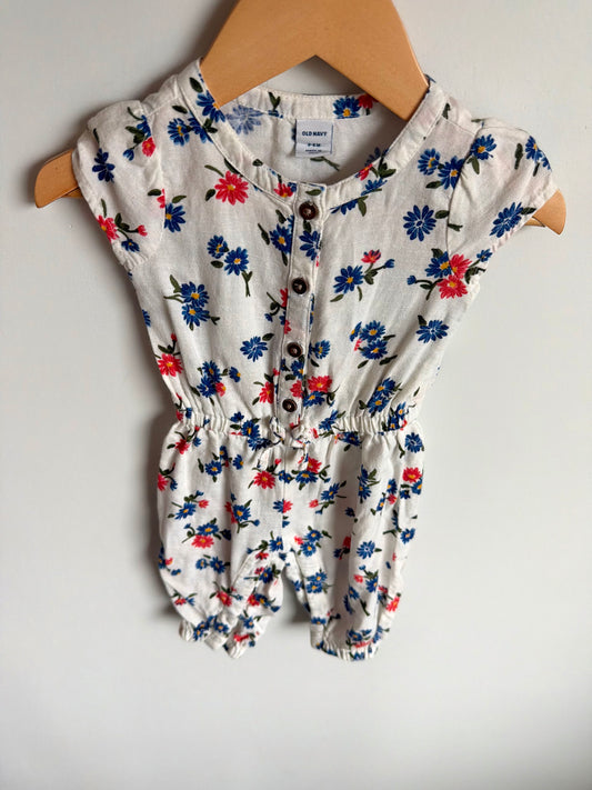 White Floral Button Jumpsuit / 3-6m