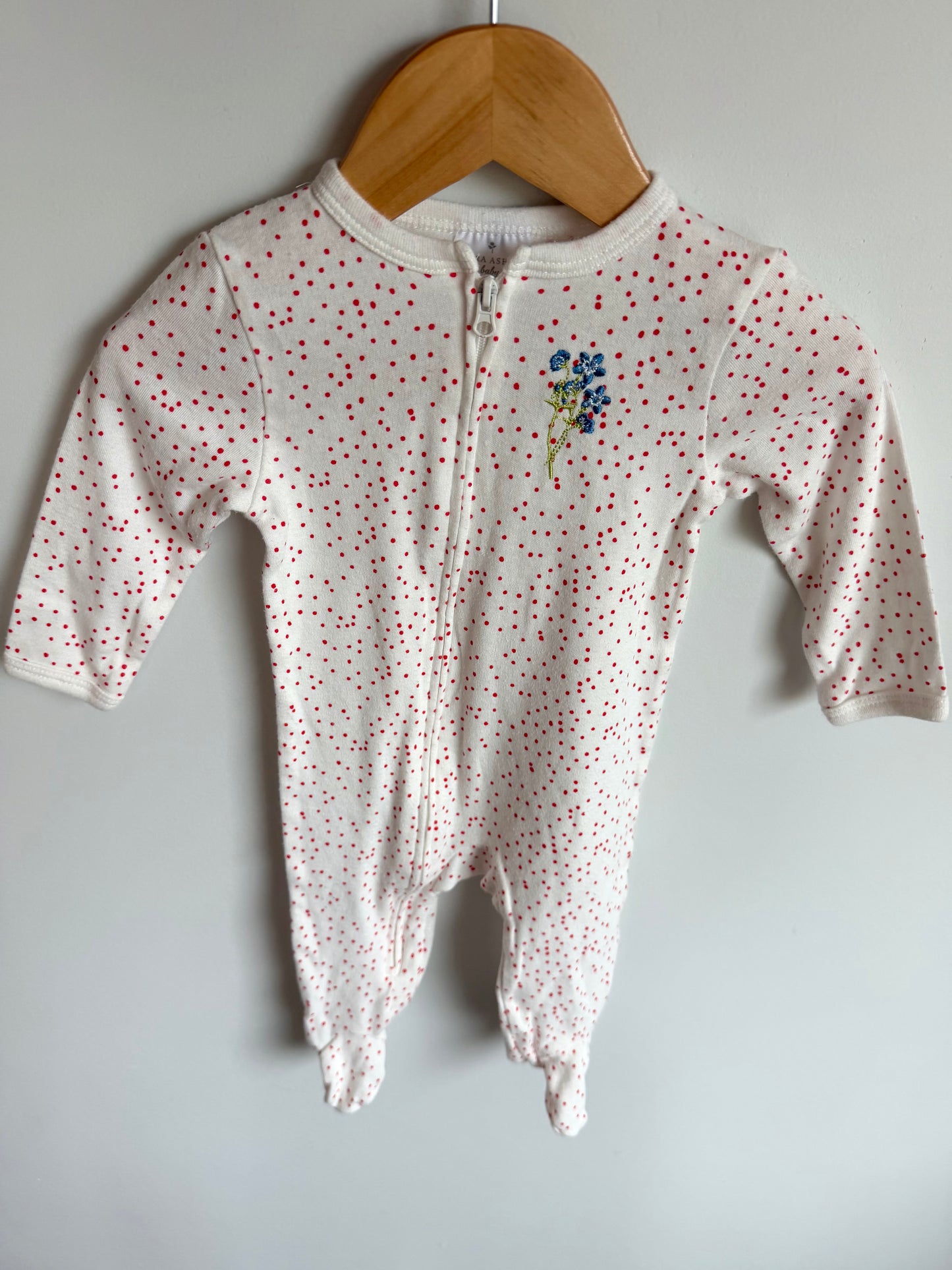 Blue Flower Embroidery Dot Sleeper / 6-9m