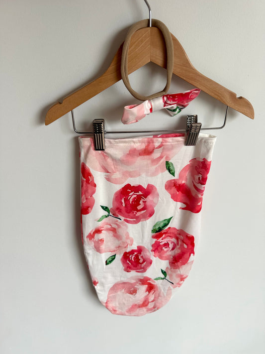 Pink Rose Swaddle Cocoon + Headband / 0-1m