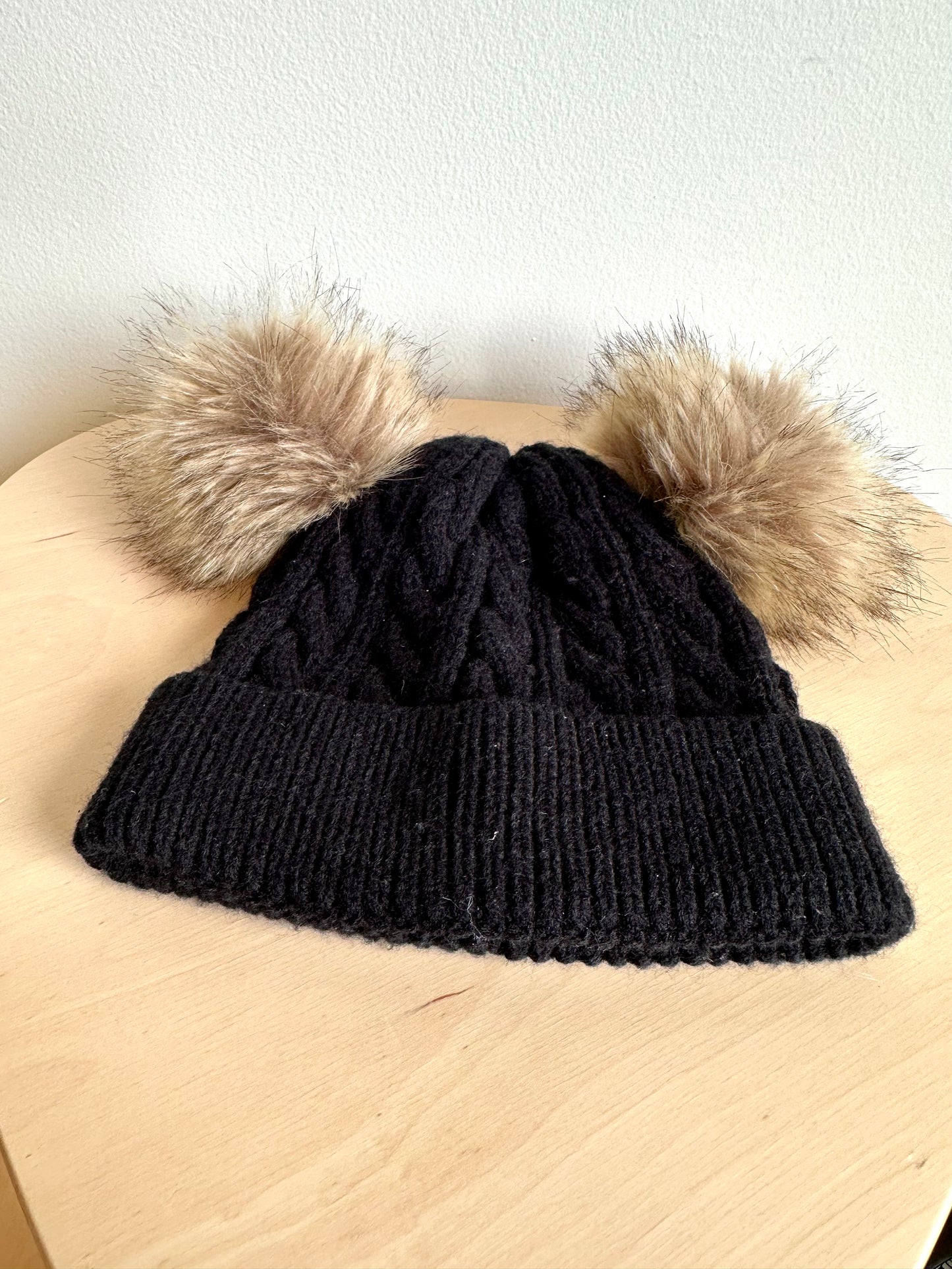 Black Knit Beanie with Removable Pom Poms / 2-3T