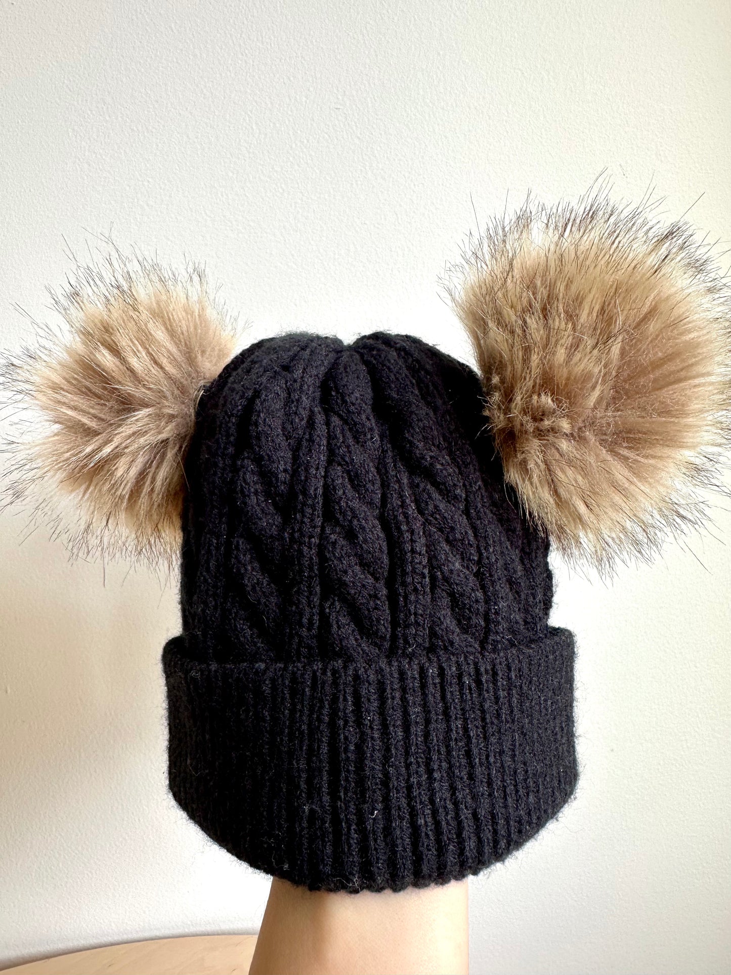 Black Knit Beanie with Removable Pom Poms / 2-3T