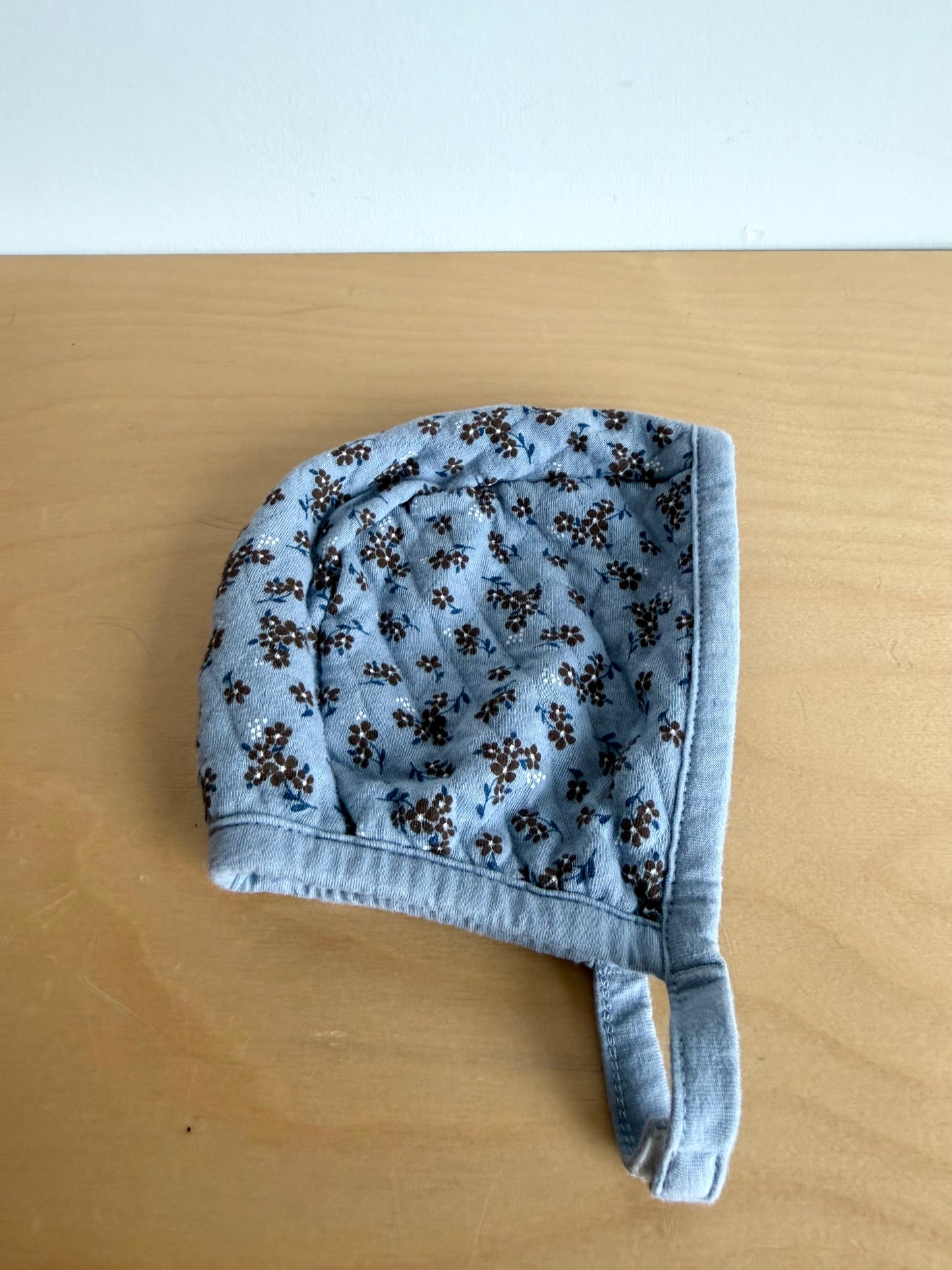 Blue Quilted Brown Flower Bonnet / 3-6m