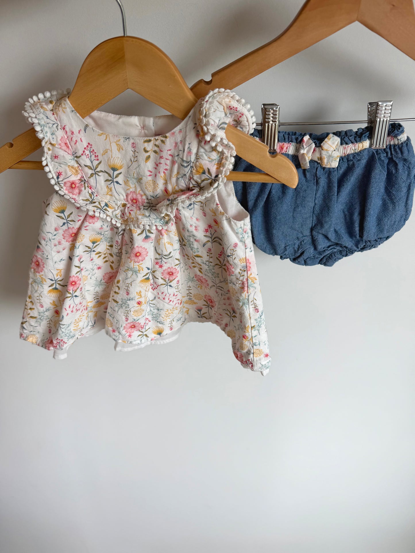 White Floral Top + Chambray Bottom Set / 6-9m