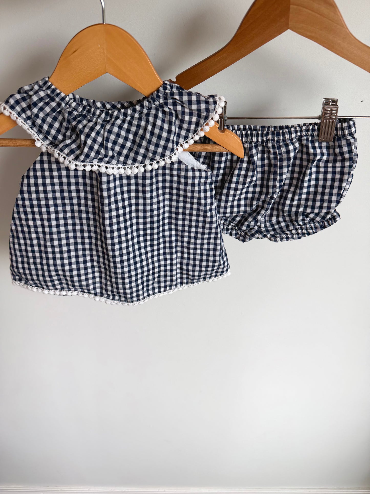 Navy Checkered Neck Detail Top and Shorts  / 6m