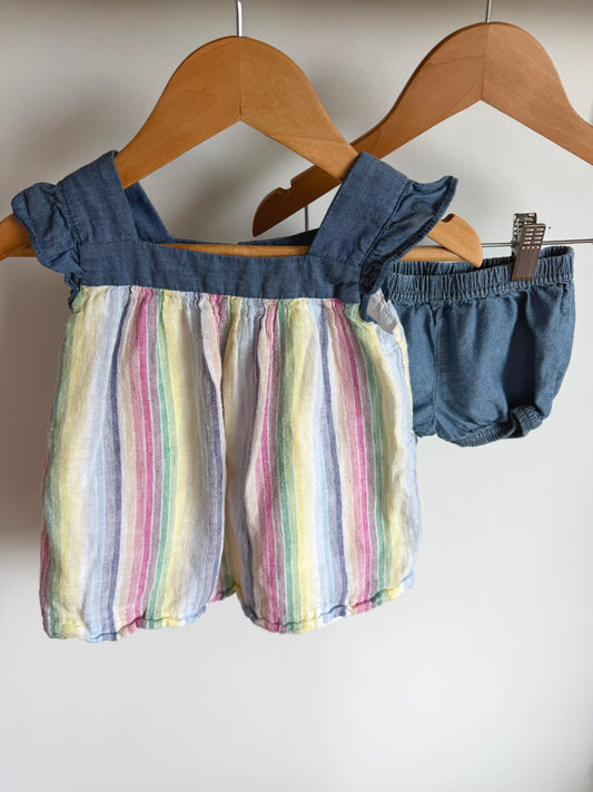 Chambray and Vertical Stripes Top + Short Set / 12-18m