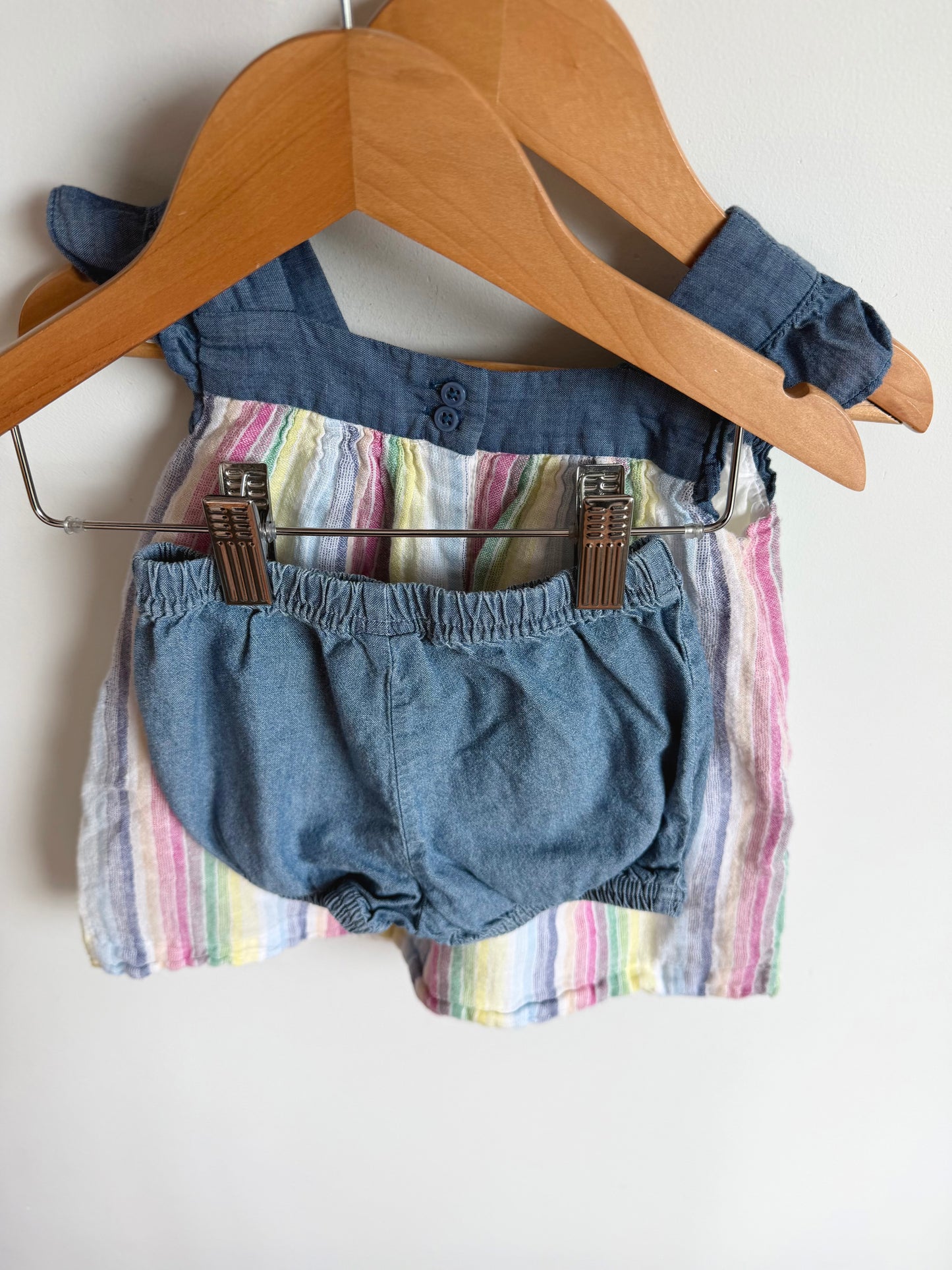 Chambray and Vertical Stripes Top + Short Set / 12-18m