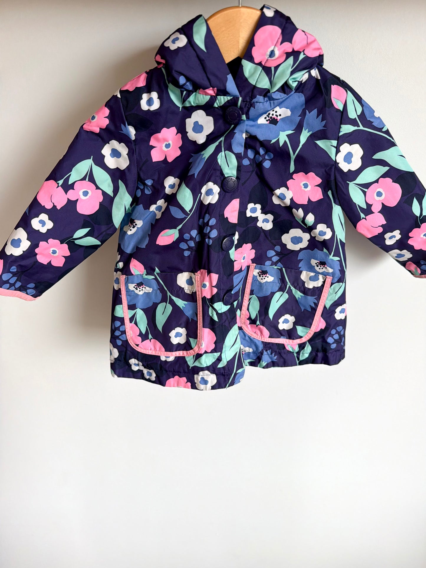 Navy Floral Fleece Lined Rain Jacket / 12m