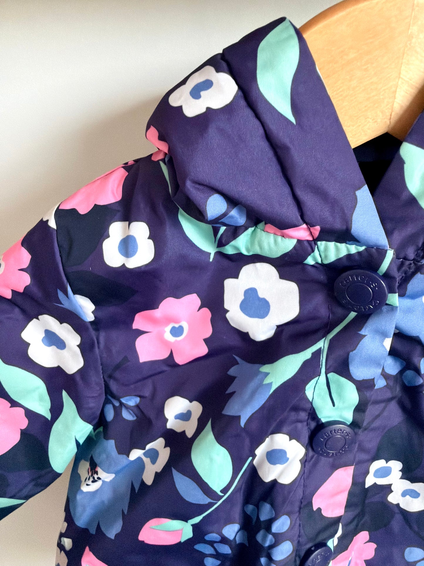 Navy Floral Fleece Lined Rain Jacket / 12m