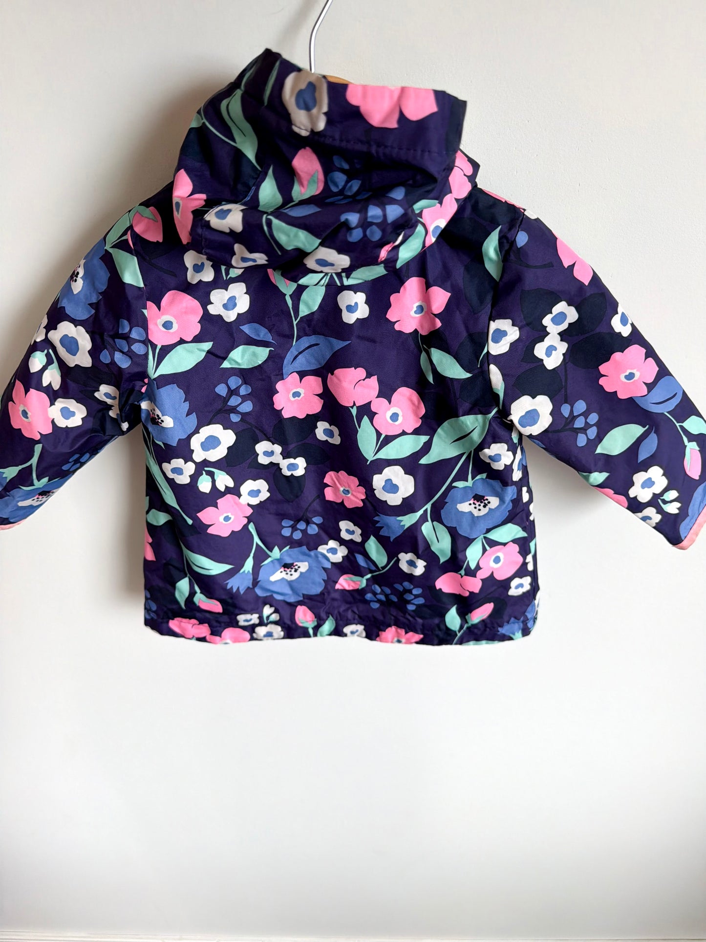 Navy Floral Fleece Lined Rain Jacket / 12m