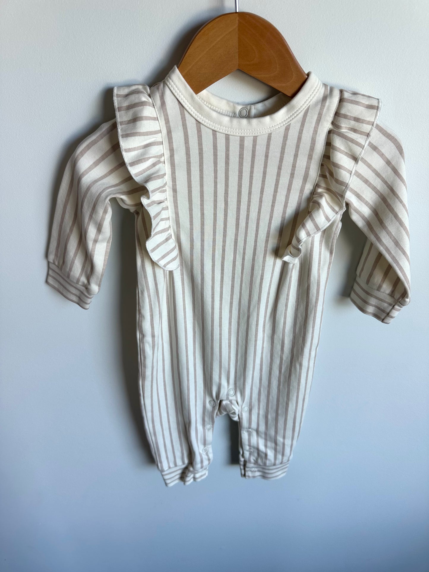 Pehr Organic Blush Striped Ruffle Jumpsuit / 6-12m