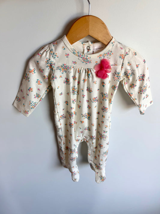 Cream Tulle Flower Ruffle Bottom Jumpsuit / 0-3m