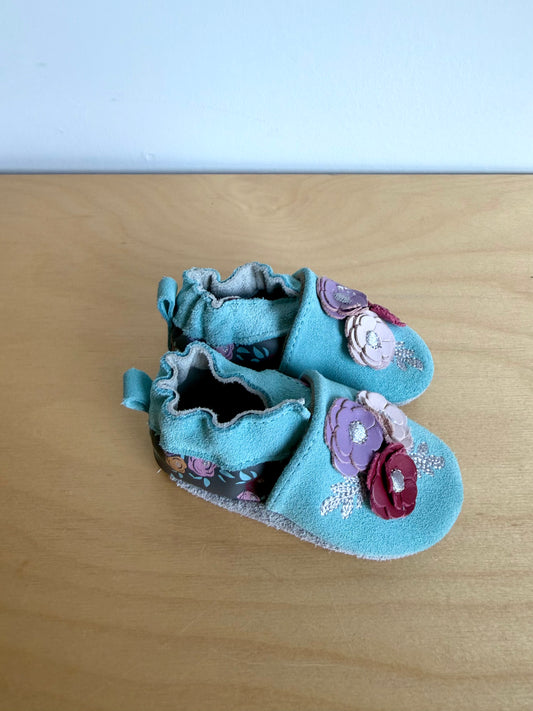 Blue Floral Leather Shoes / 0-6m