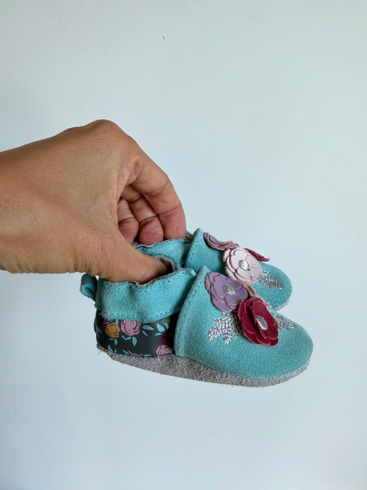 Blue Floral Leather Shoes / 0-6m