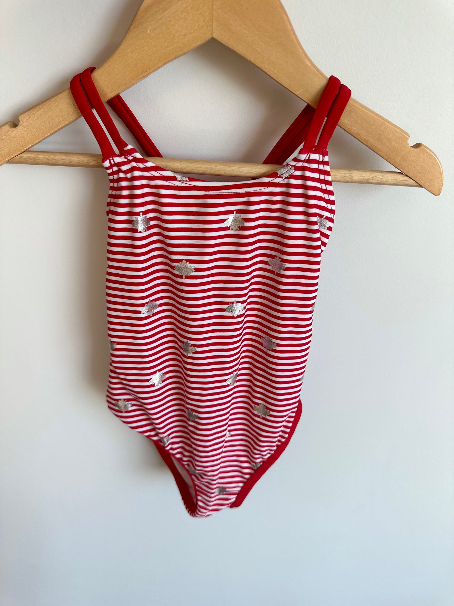 Red Striped Maple Leaf Swimsuit / 3T