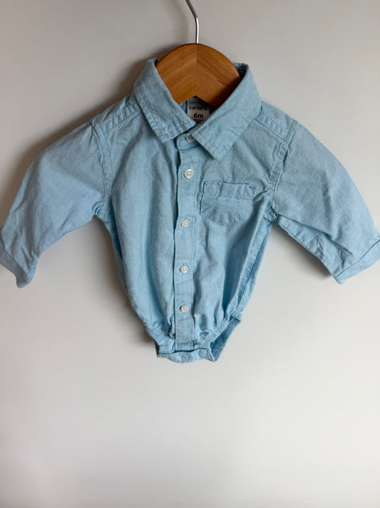 Collared Sky Blue Button Up Bodysuit / 6m