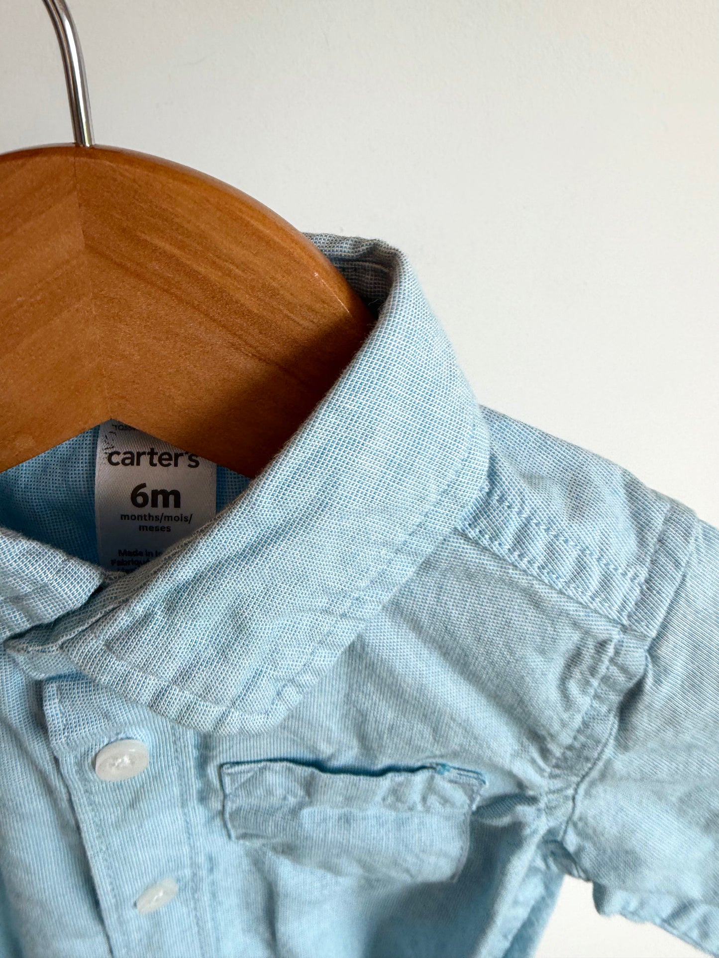 Collared Sky Blue Button Up Bodysuit / 6m