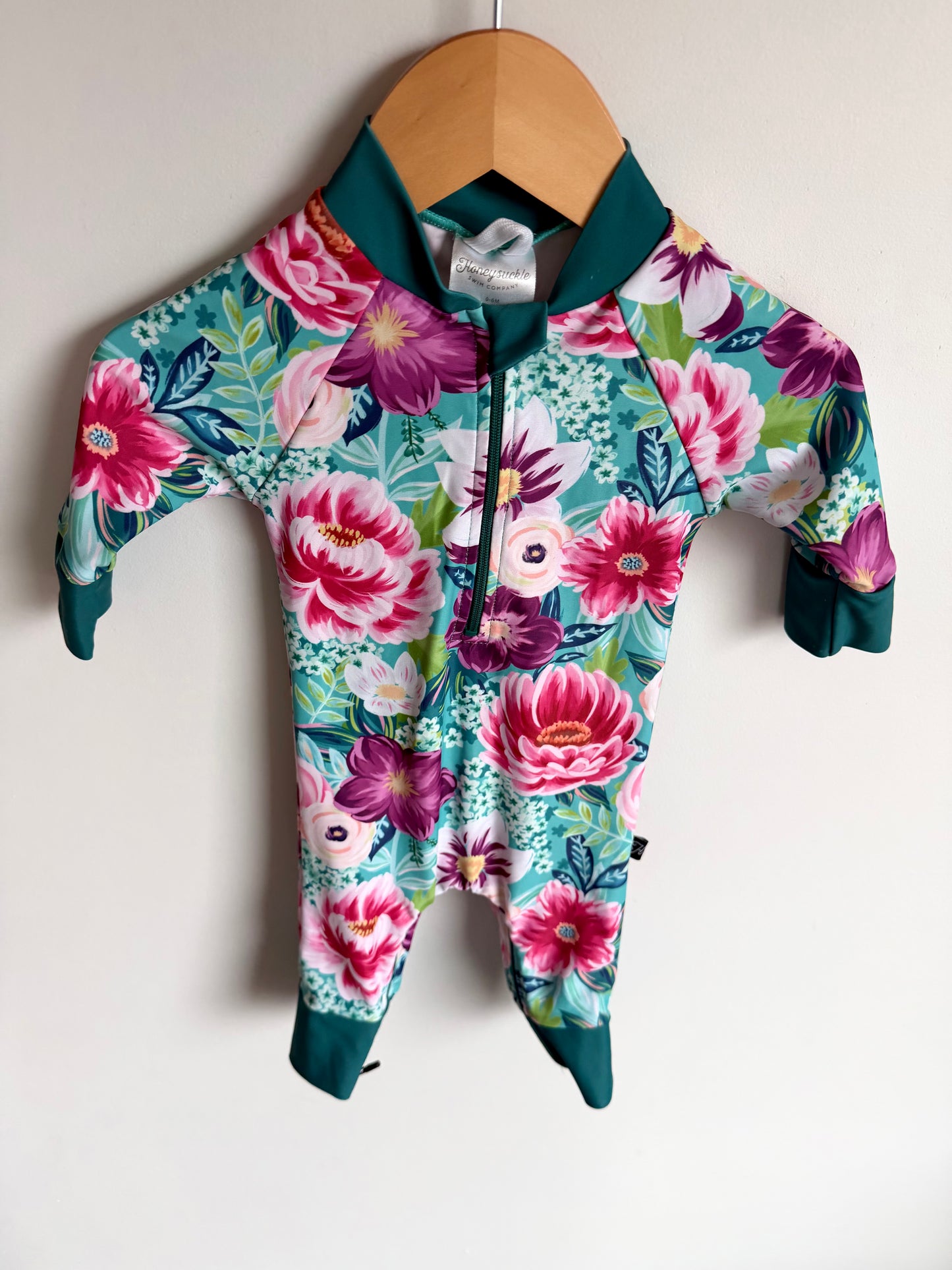 Honeysuckle Floral with Green Trim Swimsuit / 0-6m