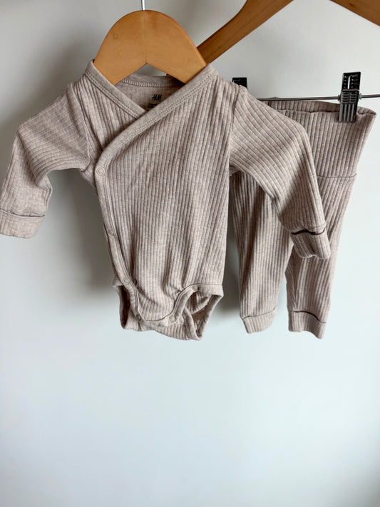Tan Ribbed Bodysuit Wrap + Pants Set / 2-4m