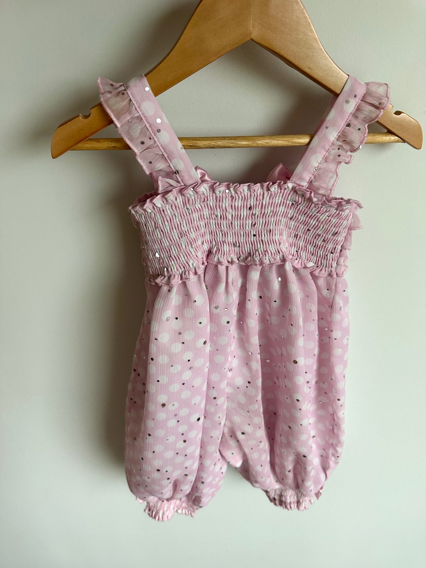 Pink Ruffle Dot Shimmer Jumpsuit / 18m