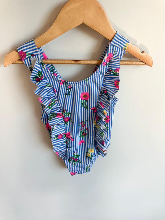 Striped Ruffle Floral Swimsuit / 3T