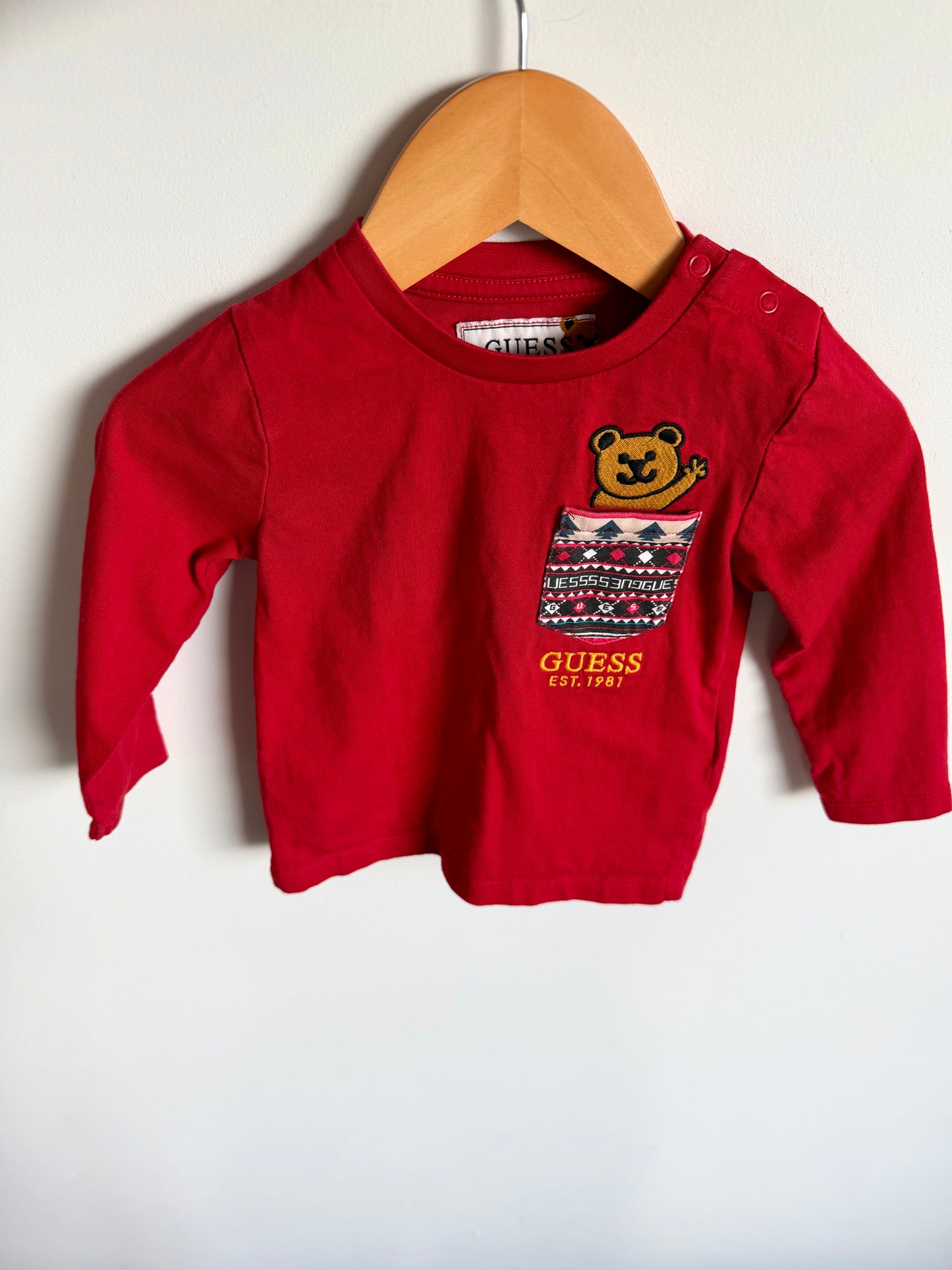 Red Guess Long Sleeve with Embroidered Teddy Pocket / 12m