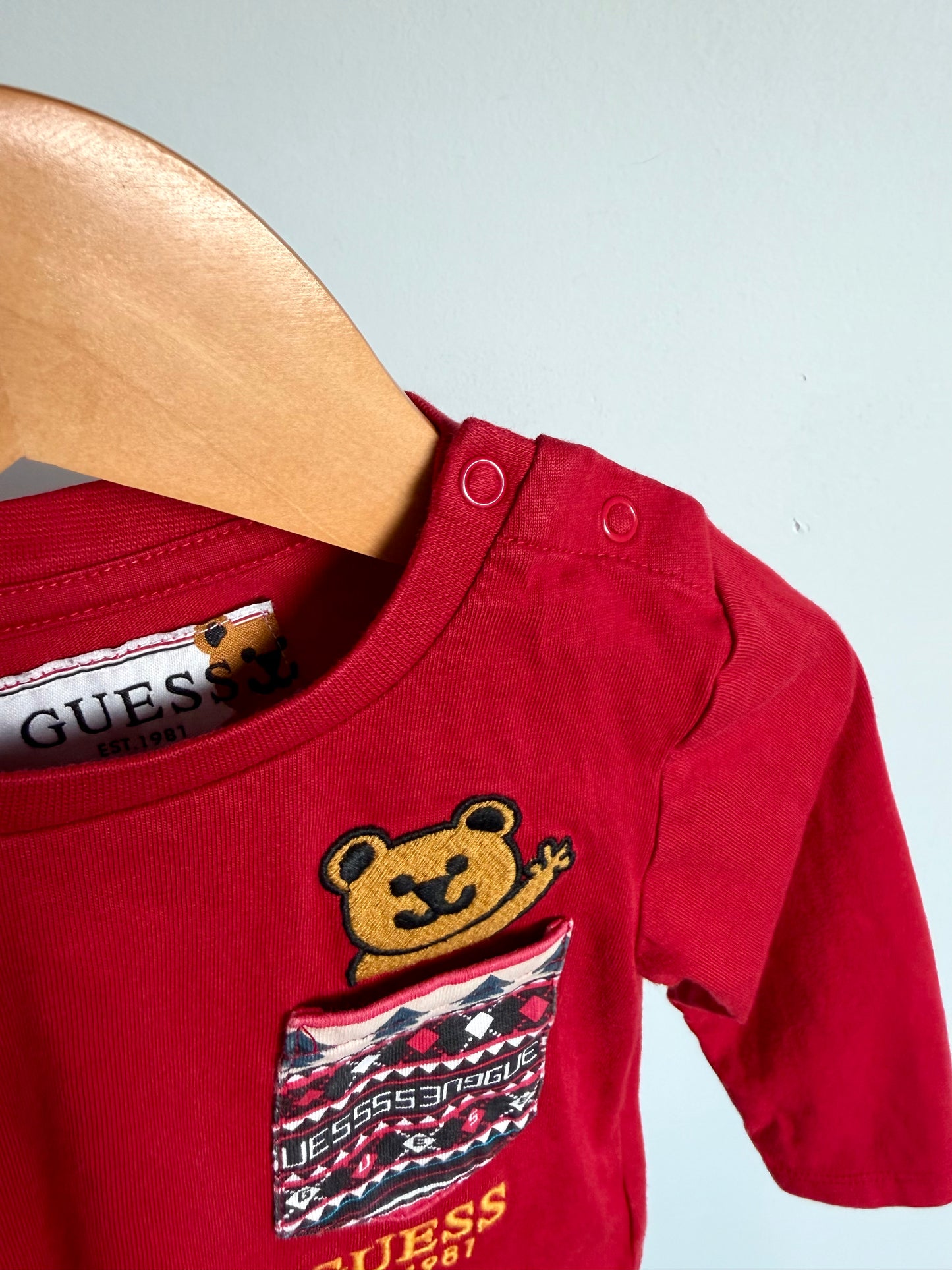 Red Guess Long Sleeve with Embroidered Teddy Pocket / 12m