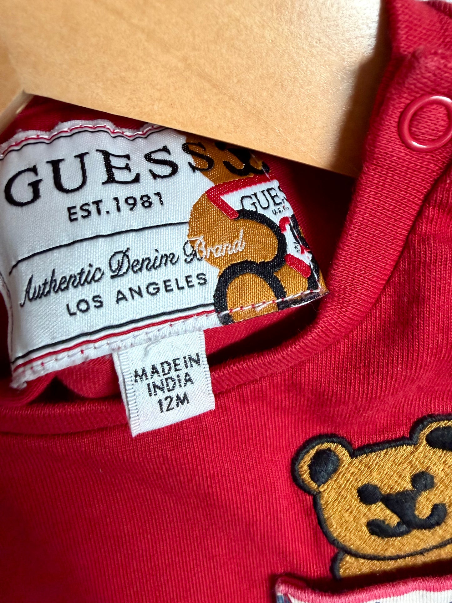 Red Guess Long Sleeve with Embroidered Teddy Pocket / 12m