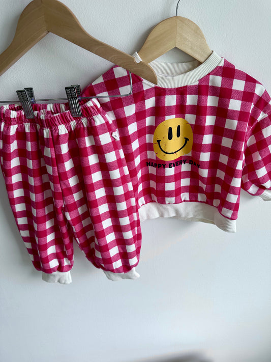 Nozi Checkered Smiley Face Top + Bottoms Set / 12m