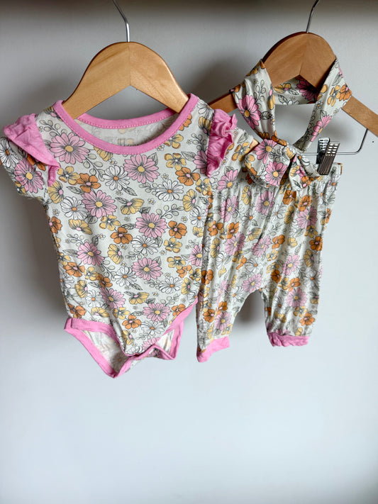 Milkberry Bamboo Bodysuit, Legging + Headband Set / 3-6m