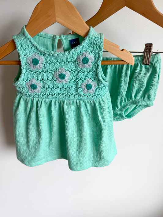 Mint Embroidered Dress + Bloomers Set / 3-6m