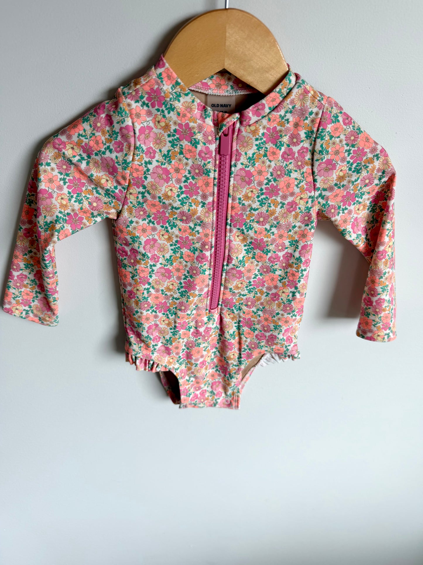 Pink Floral Long Sleeve Swimsuit / 12-18m