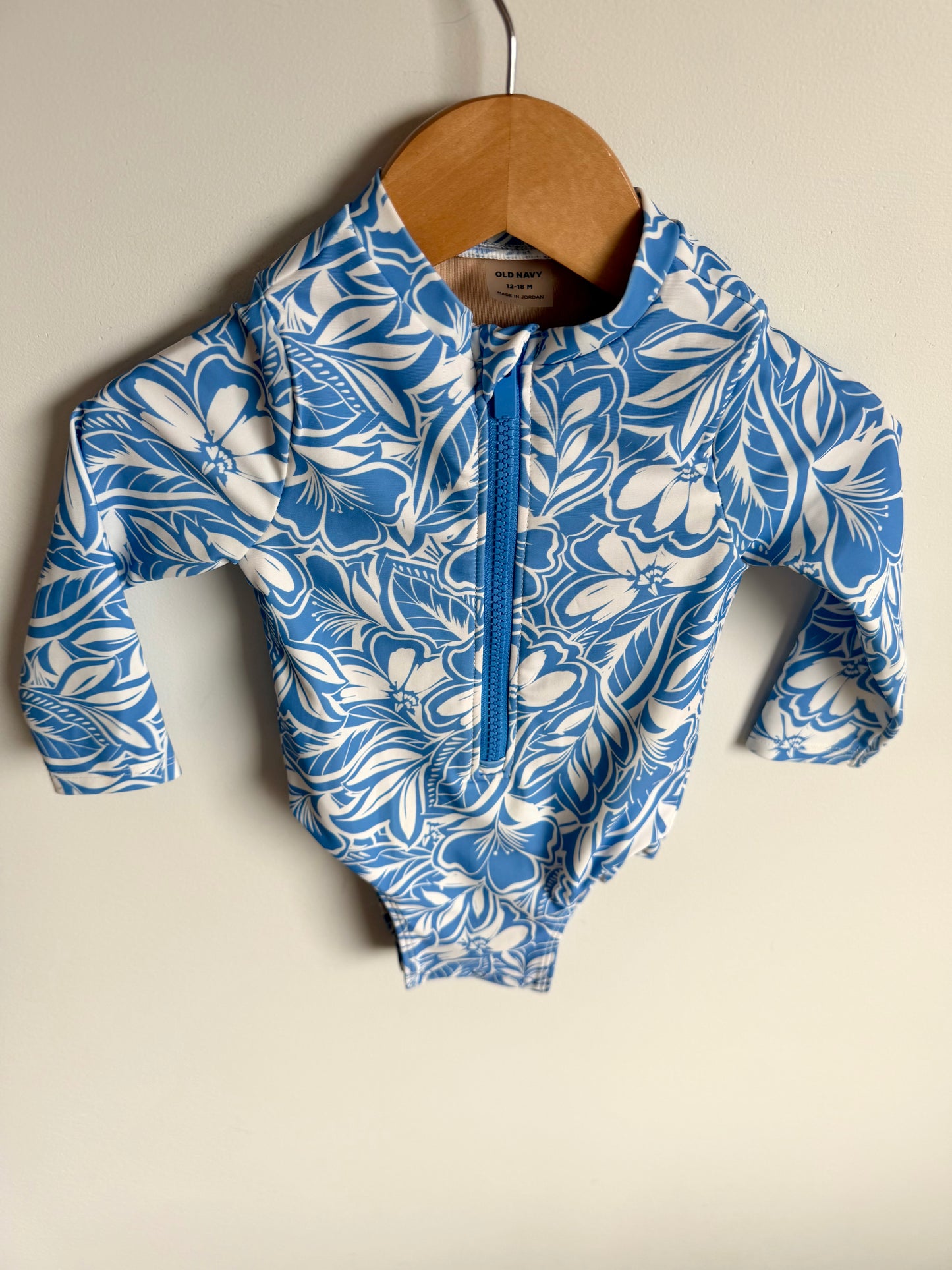 Blue Floral Long Sleeve Swimsuit / 12-18m
