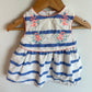 White Embroidered Dress Blue Stripes / 3-6m