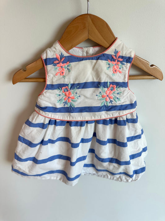 White Embroidered Dress Blue Stripes / 3-6m