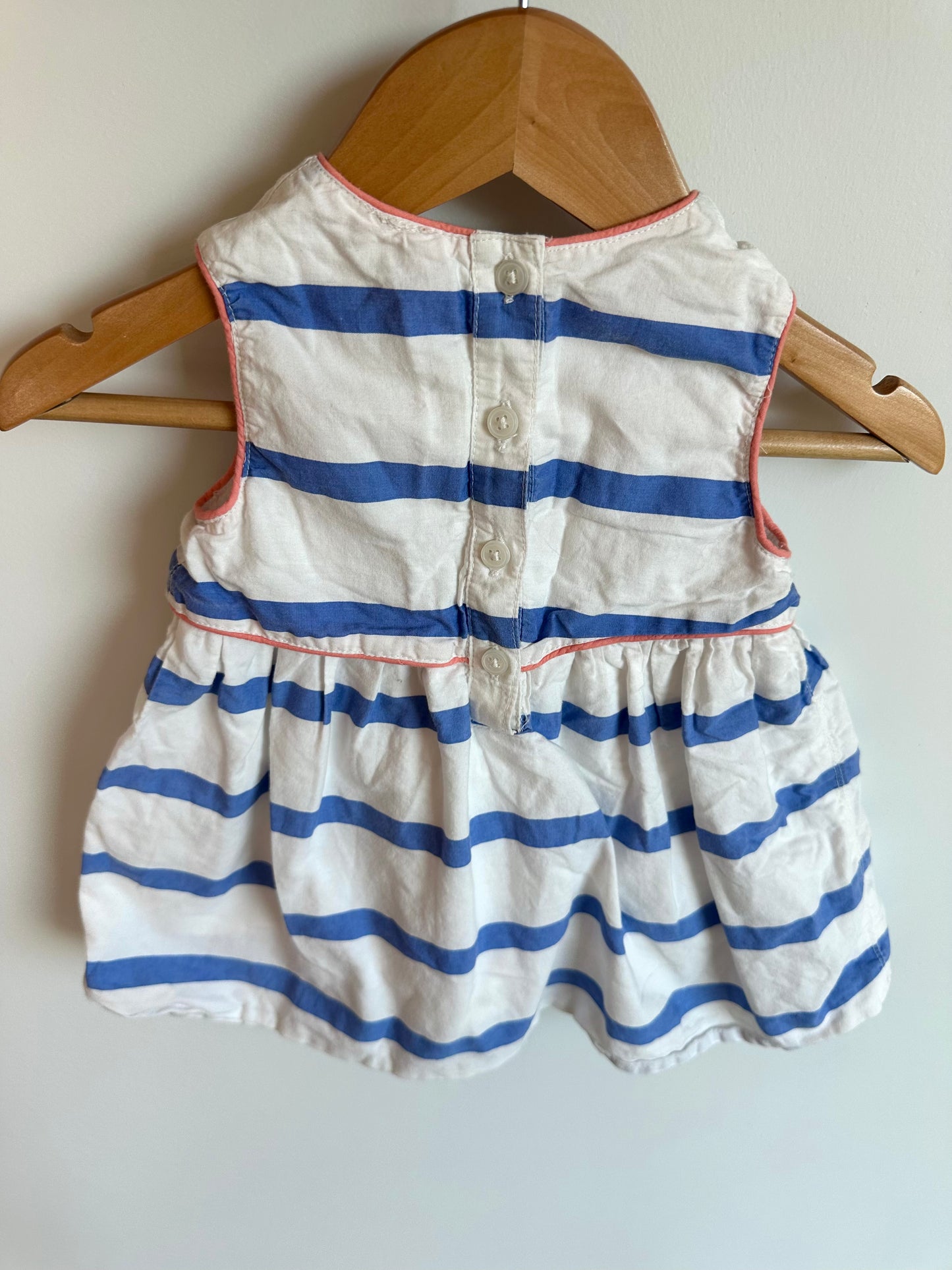 White Embroidered Dress Blue Stripes / 3-6m