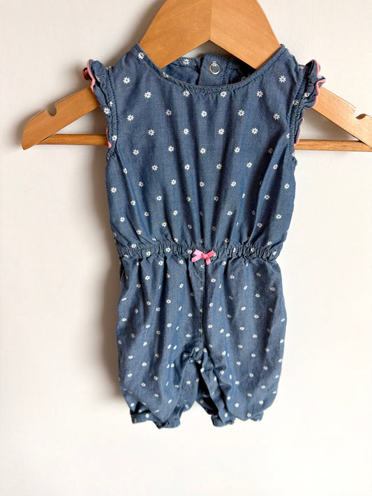 Chambray Pink Trim Floral Jumpsuit / 0-3m